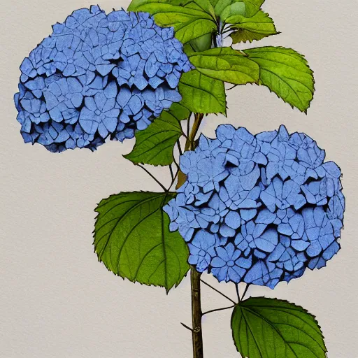 Prompt: Botanical illustration of a blue hydrangea