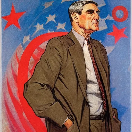 Image similar to soviet propaganda of robert mueller, by j. c. leyendecker, bosch, and beksinski