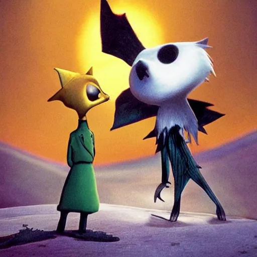 Image similar to the little prince talking to the fox, the nightmare before christmas art style, movie shot