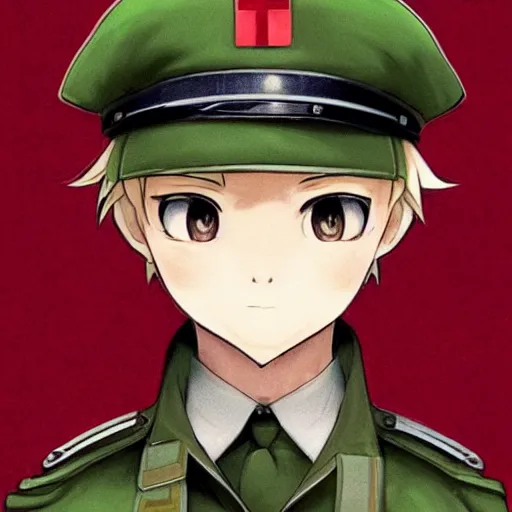 Image similar to beautiful little blonde boy in nazi uniform. made in abyss art style, inspired by kris from deltarrune, cute detailed artwork, anatomically correct, soft details, ilya kuvshinov, reflection, perfect composition, portrait, illumination, digital art, detailed anime soft face, symmetrical face, western comic, illustration, realistic, red