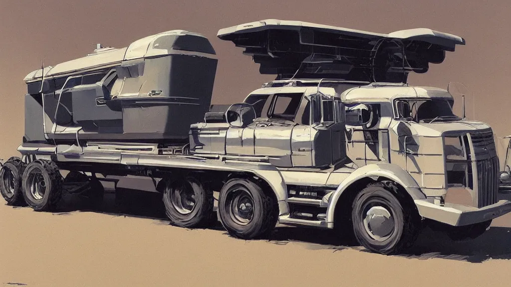 Image similar to A cool four legged truck by Syd mead- art illustration, trending on artstation, Aetherpunk