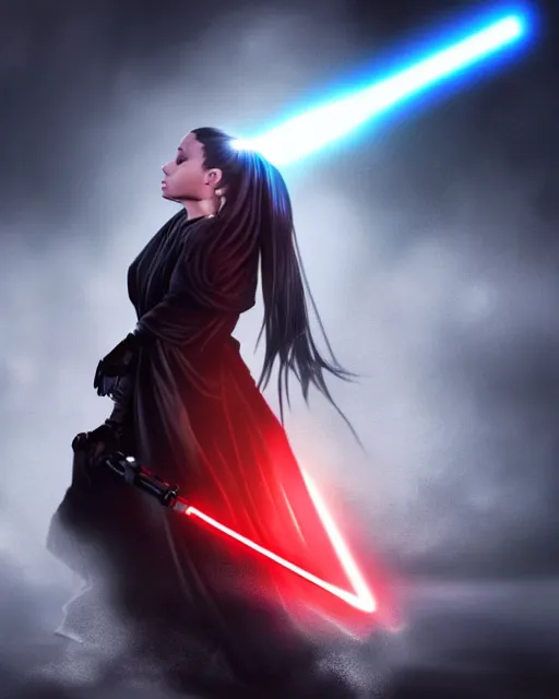 Image similar to Award winning photo of Ariana Grande as a sith lord igniting her light saber, Star Wars concept art by Colin Cantwell, Sith Lord. Dramatic Lighting, Cinematic Lighting, Artstation, volumetric fog, action photography, hyper-realistic, 8K resolution, 4K resolution