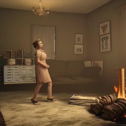 Image similar to a woman standing in a living room next to a fire, concept art by gregory crewdson, reddit contest winner, video art, movie still, colorized, playstation 5 screenshot