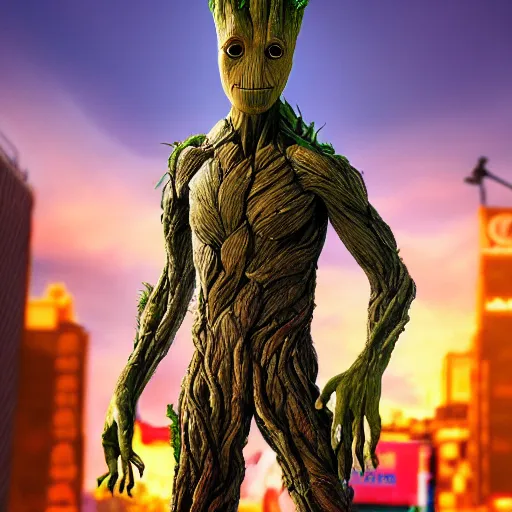 Prompt: the groot as james bond, cinema poster, detailed, photo near a cinema, new york city, hyper realistic, 4 k octan render, unreal 5