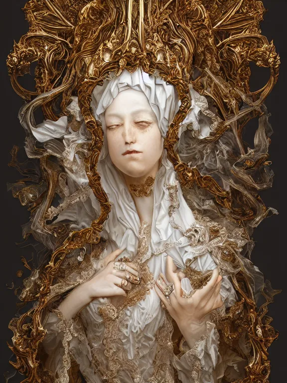 Image similar to a beautiful render of baroque catholic veiled queen sculpture with symmetry intricate detailed,by Ekaterina Belinskaya,Nekro , peter gric , aaron horkey , Billelis,Trending on artstation,ZBrush,fractalism,maximalism,glittering,gold,ivory,fire,hyperreal