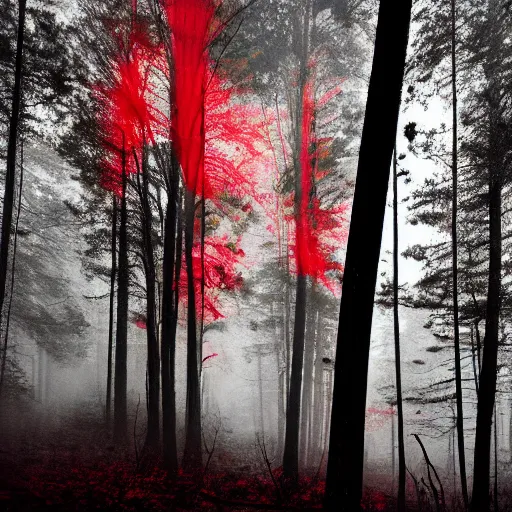 Prompt: a nightmarish creature in a dark forest with tall creepy trees, horrifying, black and red colours, wispy fog, ominous, accented paint strokes, detailed