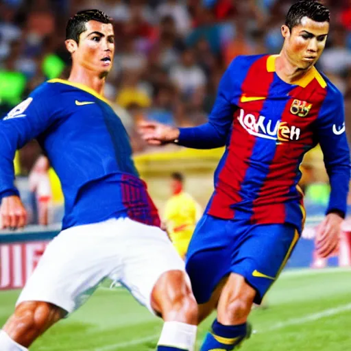 Prompt: Cristiano Ronaldo and Lionel Messy playing together in FC Barcelona. Realistic.