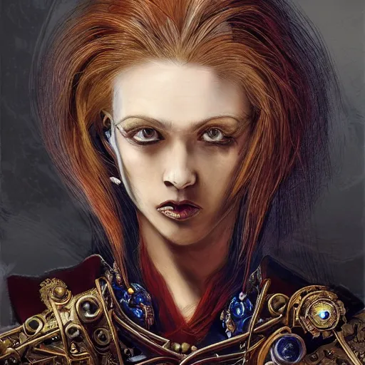 Image similar to portrait, headshot, insanely nice hair style, dramatic hair color, digital painting, of a old 17th century, old cyborg lawyer, Ruby's and Diamonds, black pearls, baroque, ornate clothing, scifi, realistic, hyperdetailed, chiaroscuro, concept art, art by Franz Hals and Jon Foster and Ayami Kojima and Amano and Karol Bak,