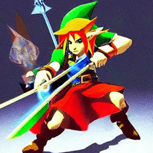 Image similar to “ a still link fighting the boss of the existential dungeon in ocarina of time ”