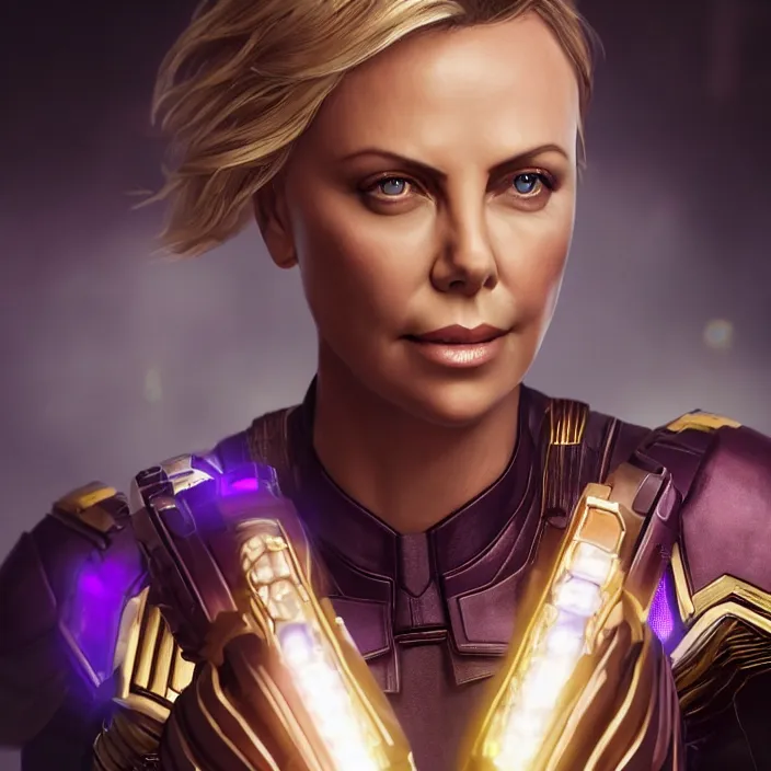 Image similar to portrait of ((Charlize Theron)), wearing The Infinity Gauntlet. SNAP. intricate artwork. octane render, trending on artstation, very coherent symmetrical artwork. thanos. thanos. cinematic, hyper realism, high detail, octane render, 8k, iridescent accents