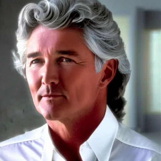 Image similar to long straight grey hair, patrick duffy, wearing a white shirt