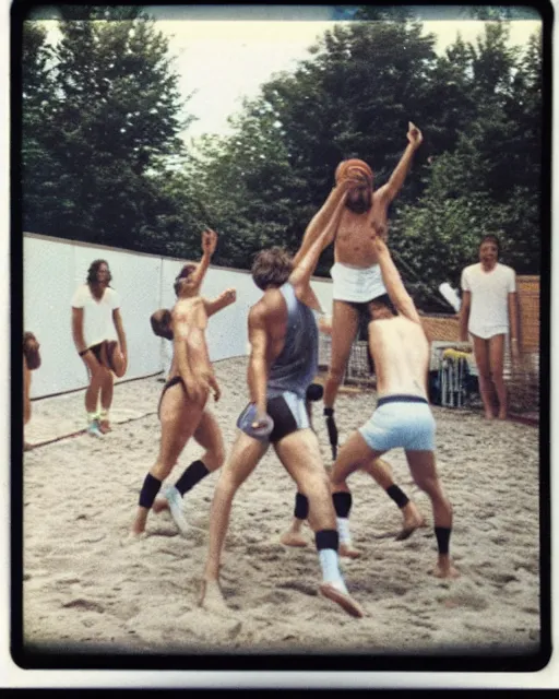 Image similar to jesus plays volleyball with his boyfriends polaroid instamatic summer 1 9 7 4