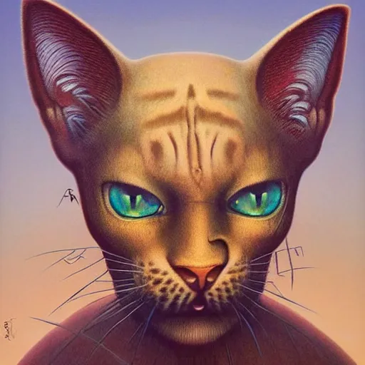 Image similar to a cat having an ego trip, by alex grey, by Esao Andrews and Karol Bak and Zdzislaw Beksinski and Zdzisław Beksiński, trending on ArtStation