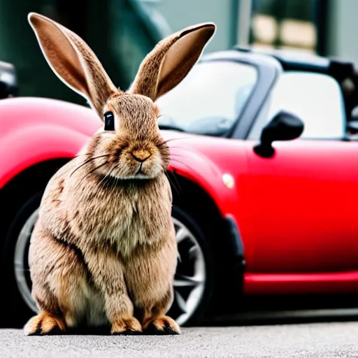 Prompt: a rabbit sitting in a red mazda mx-5 parked on a street in STockholm