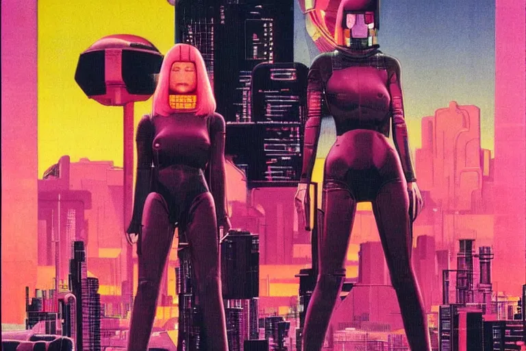 Image similar to 1979 OMNI Magazine Cover of woman with shiny Chrome face with Pink hair. neo-Tokyo streets behind her. in cyberpunk style by Vincent Di Fate