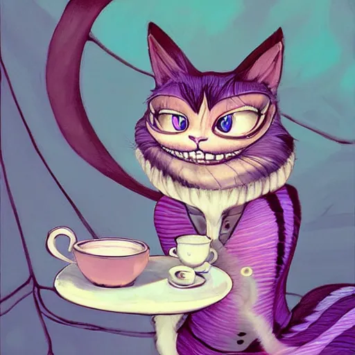 Image similar to cheshire cat drinking tea, by cory loftis, character art, art, very coherent, plain background, lighthearted, soft painting