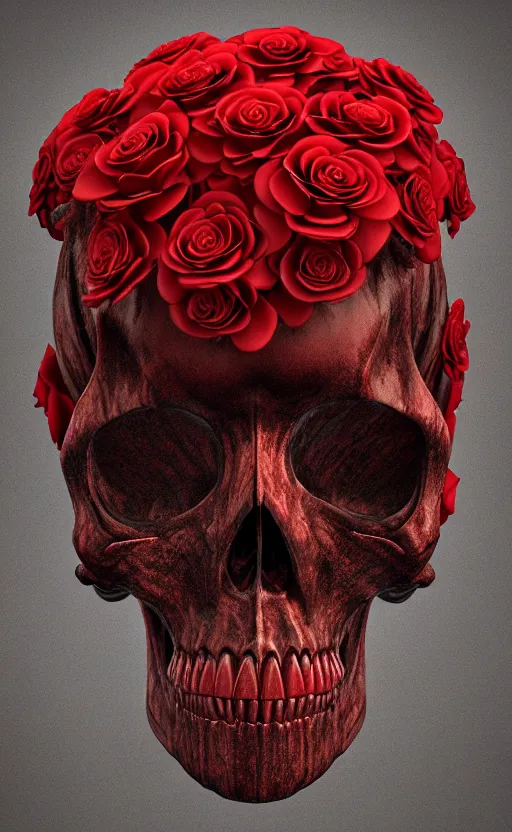 Image similar to skull made of red roses, organic horror, devil, death, giger, epic, baroque, art nouveau, james jean, photorealistic render, 3 ds max, v - ray, extremely detailed and intricate, center composition, elegant, vfx, unreal engine 5, octane render, extremely contrast, extremely sharp lines