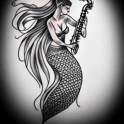 Image similar to american traditional tattoo art of a mermaid playing the saxophone, line art, sheet paper