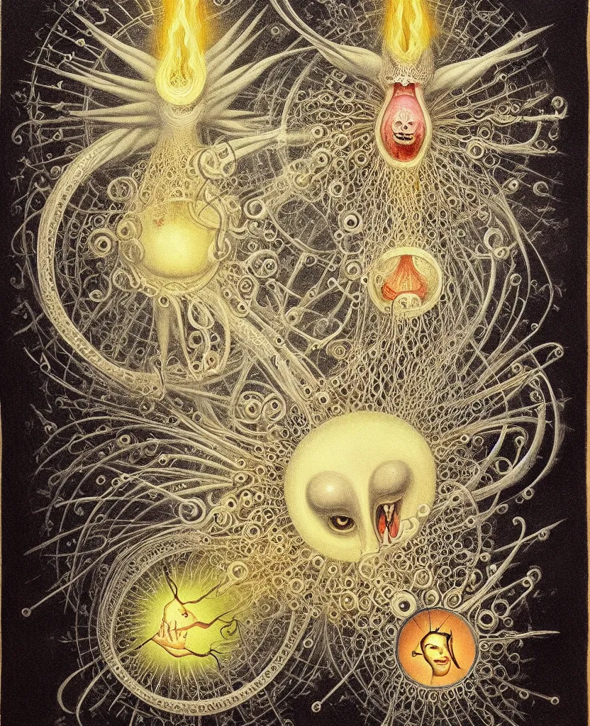 Image similar to whimsical freaky creature sings a unique canto about'as above so below'being ignited by the spirit of haeckel and robert fludd, breakthrough is iminent, glory be to the magic within, painted by ronny khalil