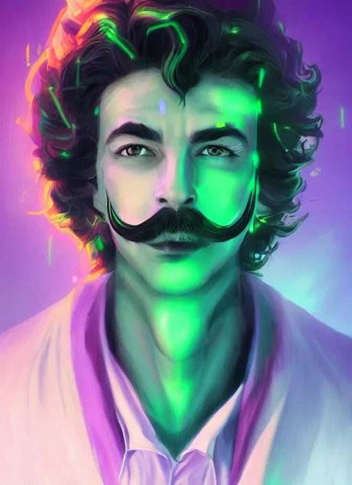 Prompt: symmetry!! a portrait young tech mage with a salvador dali moustache and a soul patch by artgerm and greg rutkowski, purple and green colors, neon light, volumetric lighting, mystical vibe, magical, very detailed, intricate, 4 k