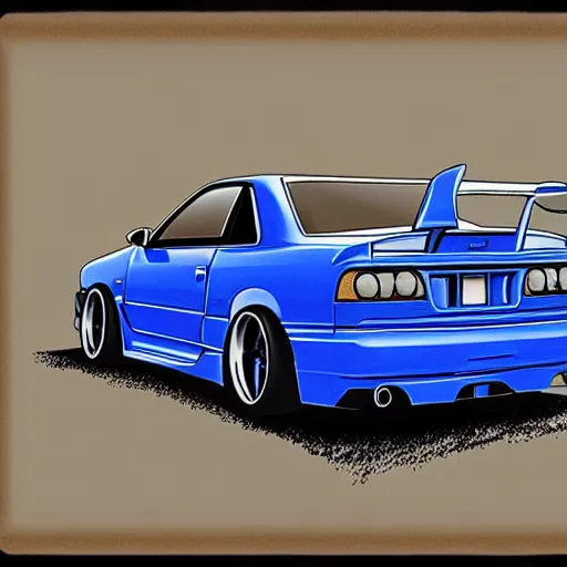 Image similar to artistic illustration of a bayside blue nissan skyline r 3 4 z tune