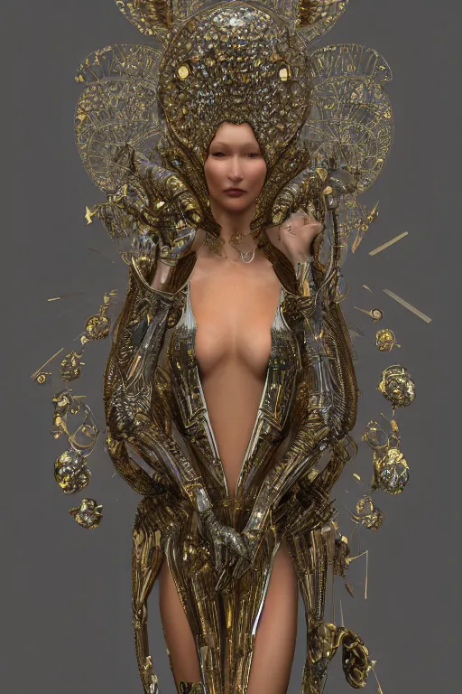 Image similar to a highly detailed metahuman 4 k render close up of a alien goddess bella hadid in iris van herpen dress schiaparelli in diamonds swarovski and jewelry in style of alphonse mucha gustav klimt trending on artstation made in unreal engine 4