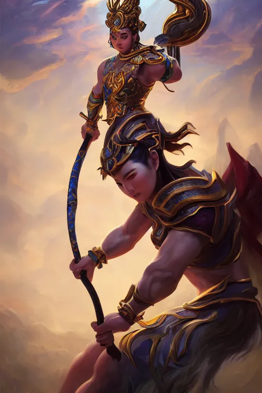 Image similar to a masterpiece portrait of nezha, legendary god holding spear, hero action pose, fantasy character portrait, hyper detailed, digital painting, 8 k realistic, trending on artstation, sharp focus, dof, by fenghua zhong, artgerm, ne zha from smite, tsuyoshi nagano, phonenix in background