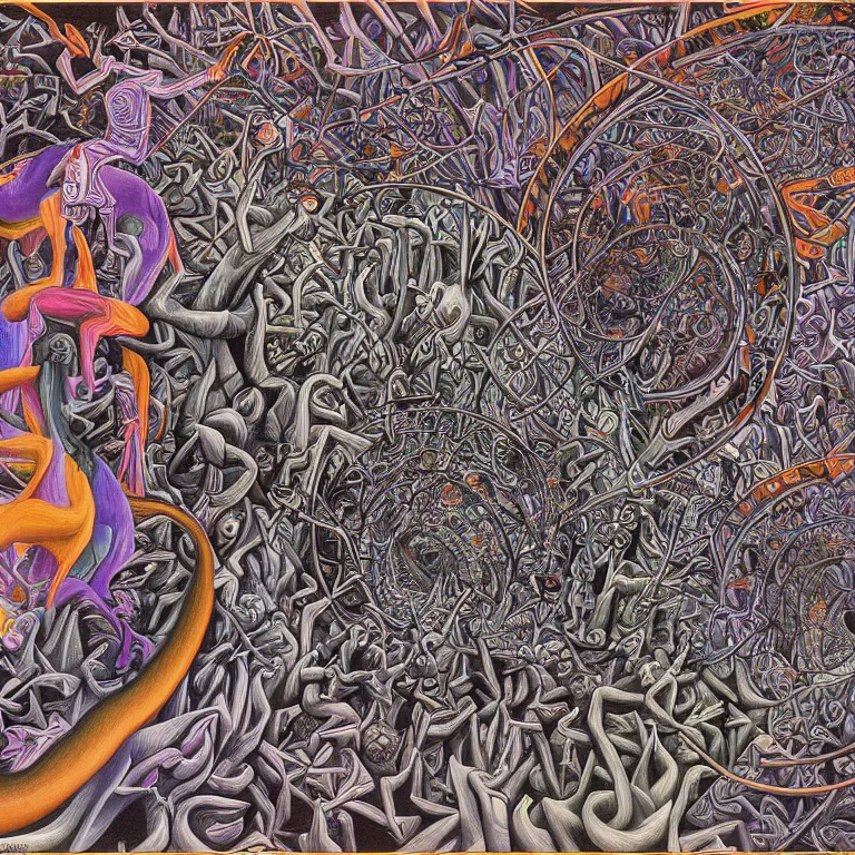 Image similar to experision of mind-matter interaction through death by Alex Grey and M. C. Escher collaboration, digital painting, Groundcore