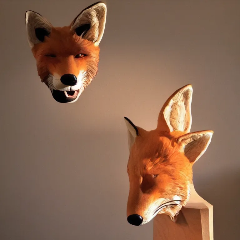 Prompt: hyperrealistic sculpture of a giant fox head on a pedestal by ron mueck and pixar and duane hanson, hyperrealistic dramatic lighting trending on artstation 8 k