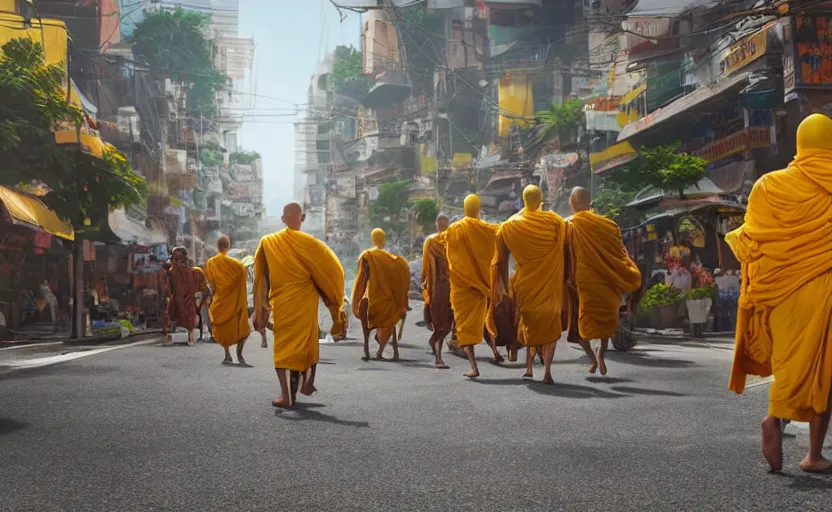 Image similar to In a future Bangkok, yellow-robed monks and huge elephants walk the streets of a bustling city under the hot sun ,by Jamie Jones and greg Rutlkowski ,hyperrealistic rendered in 4k, cinematic composition vray photorealistic focused lighting, HD