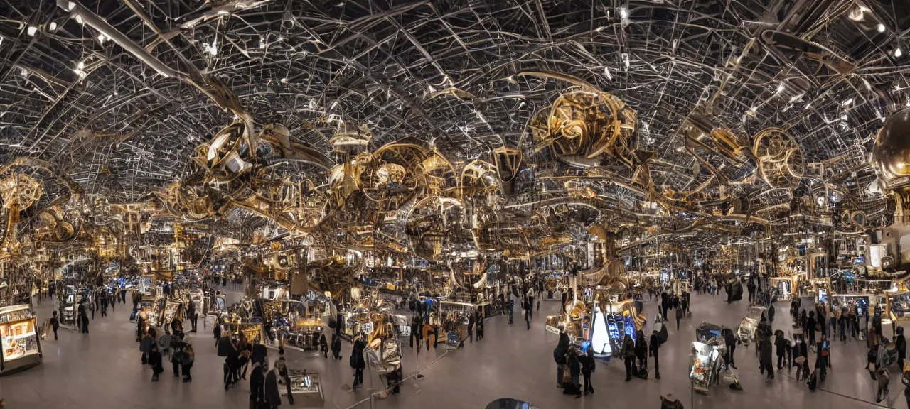 Prompt: A wide view into a showcase full of thousands of different old mechanical futuristic machines, illuminated from top with spolights, in a huge room of a futuristic museum