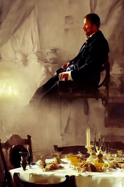 Prompt: portrait of a respectable dignified royal business elite politician sitting at a finely set table covered with mountains of raw butter sticks art by anders zorn, wonderful masterpiece by greg rutkowski, beautiful cinematic light, american romanticism by greg manchess, jessica rossier