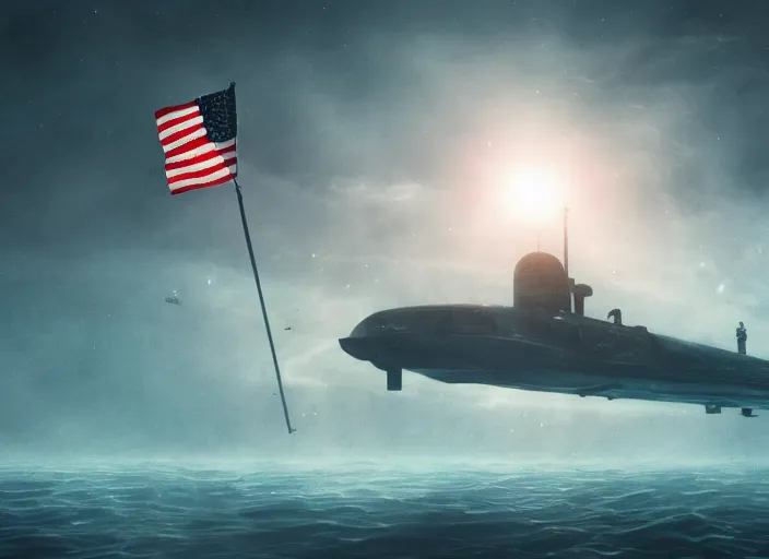 Image similar to astronaut holding a flag in an underwater desert. a submarine is visible in the distance. dark, concept art, cinematic, dramatic, atmospheric, 8 k, trending on artstation, blue, fish, low visibility, fog, ocean floor, christopher nolan, interstellar