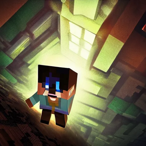 Image similar to Steve from Minecraft, Steve is falling into a terrifying dark abyss, dramatic lighting, dramatic angle