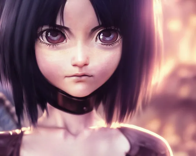 Prompt: battle angel alita, beautiful portrait, doe eyes, mouth open in awe, photorealistic, lifelike, human actress, octane engine, cinematic lighting, high detail, high resolution