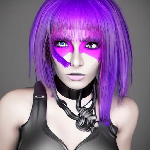 Prompt: a ultra detailed cyber girl with violet punk hair, ultra realistic wild face and wild eyes