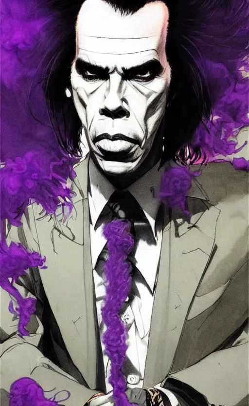 Image similar to full body portrait of nick cave with a lot of purple smoke coming out of his mouth!!!, concept art, sumi - e style, intricate linework, artstation, trending, highly detailed, smooth, focus, art by yoji shinkawa and glenn fabry,
