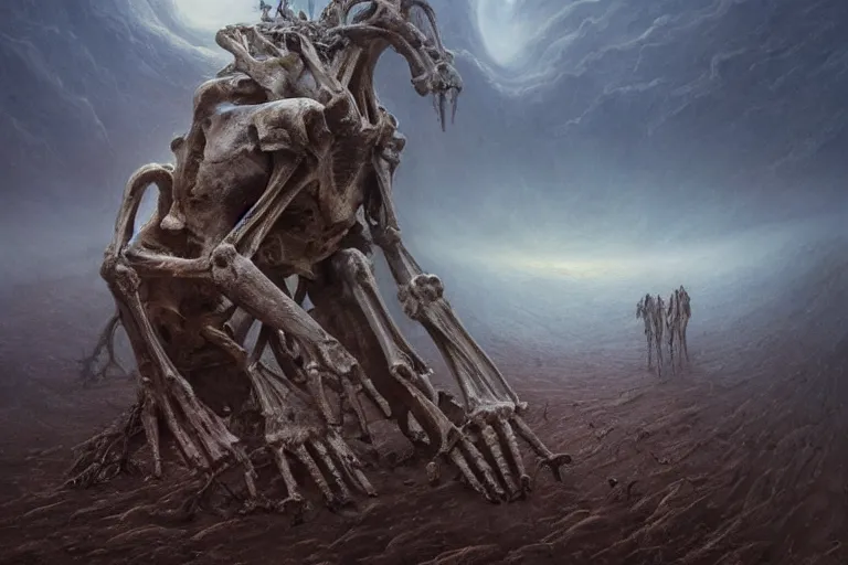 Image similar to amazing concept painting, by Jessica Rossier and HR giger and Beksinski, prophecy, hallucination, the middle of a valley, a golem of bones, it was full of bones, bones that were very dry, there was a noise, a rattling sound, and the bones came together, bone to bone , I looked, and tendons and flesh appeared on them and skin covered them, but there was no breath in them and breath entered them, they came to life and stood up on their feet a vast army