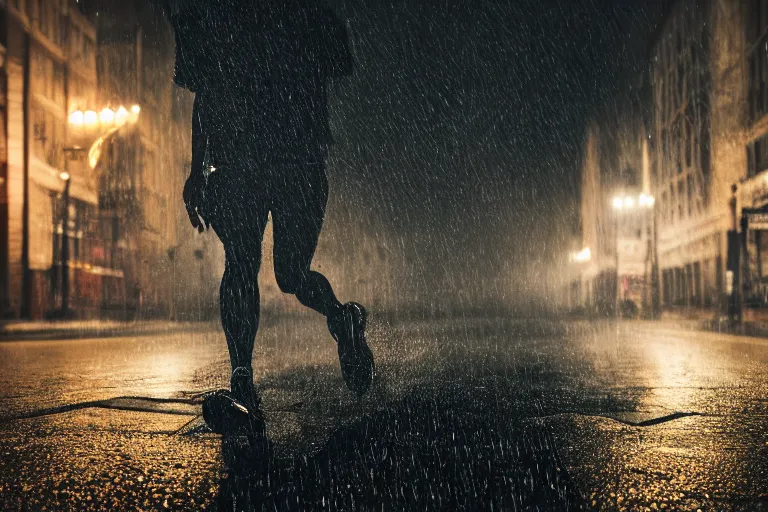 Image similar to an anthropomorphic male wolf running in the streets, night, rain, cinematic, photograph, volumetric lighting, f 8 aperture, cinematic eastman 5 3 8 4 film, photorealistic