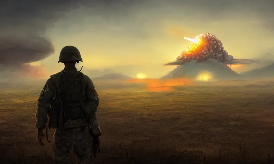 Prompt: Futuristic matte painting of a US soldier in the Vietnam War looking at a nuclear explosion at the distance, volumetric light scattering, highly detailed, digital art, Andreas Rocha, Greg Rutkowski, Darek Zabrocki, ArtStation, CGSociety, Unreal Engine, 4K, 8K