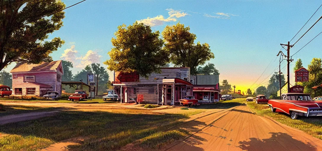 Image similar to concept art a small rural town in middle America in the 1960s, detailed, Americana, golden hour