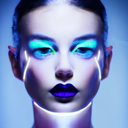 Prompt: high fashion photography of a model in neo futurism white sci - fi makup, transparent cloth, beautifully lit by neon light