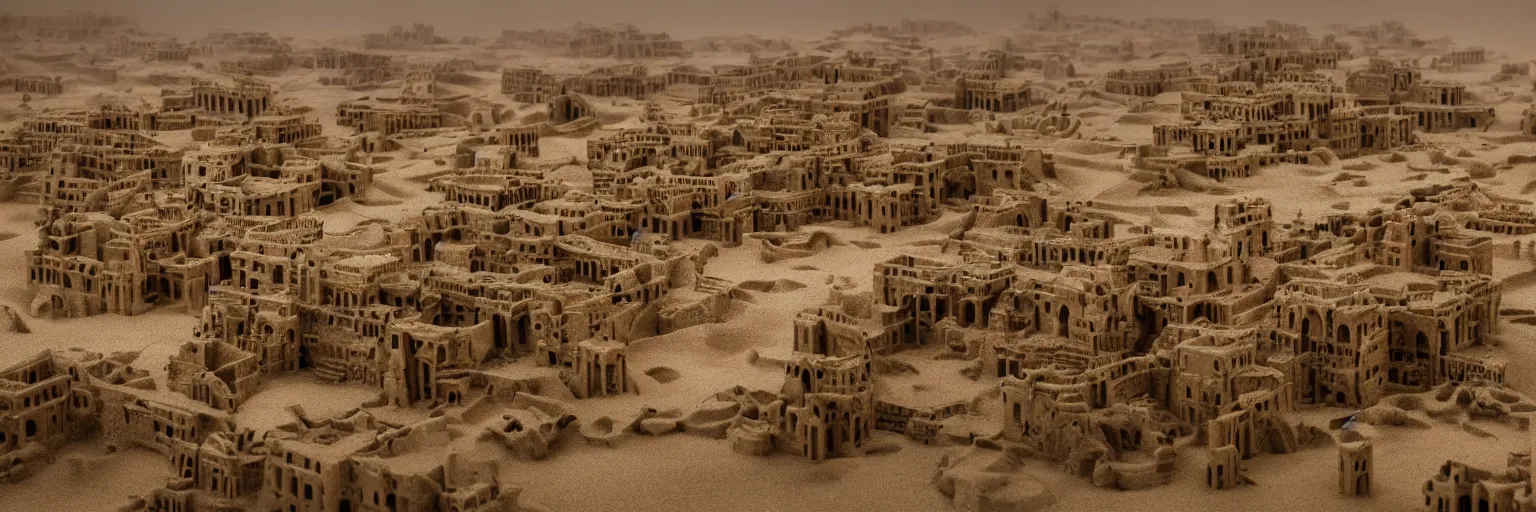 Image similar to Caught in the flow of time. Ancient architecture. An abandoned city in the middle of a desert. Sand dunes devour the buildings. Sandstorm, strong winds. Highly detailed. Photoreal