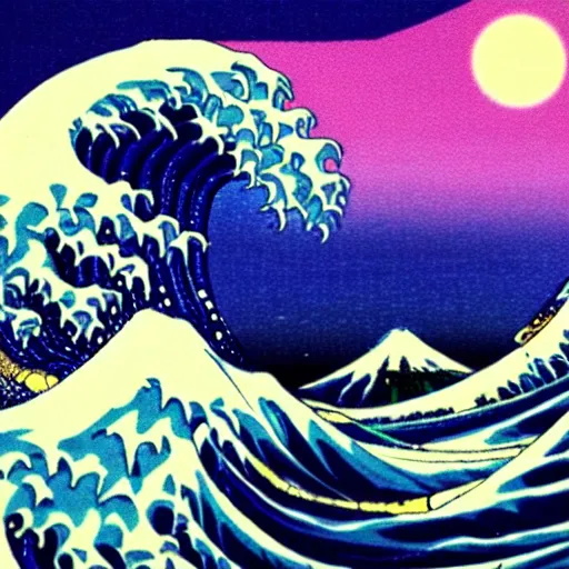 Image similar to vaporwave great wave of kanagawa, outrun, 90s style