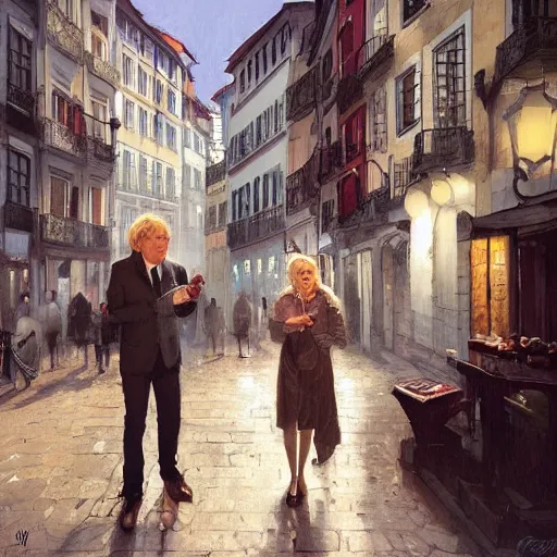 Prompt: a blonde woman & Michael mcintyre searching for food in Porto, greg rutkowski