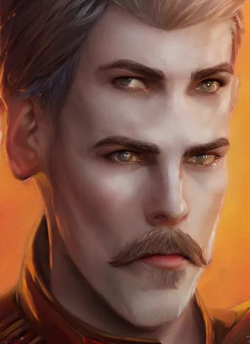 Image similar to young man with short white hair and moustache, dndbeyond, bright, colourful, realistic, dnd character portrait, full body, pathfinder, pinterest, art by ralph horsley, dnd, rpg, lotr game design fanart by concept art, behance hd, artstation, deviantart, hdr render in unreal engine 5