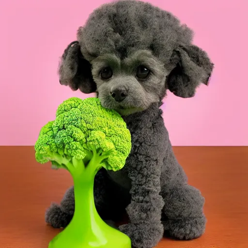 Prompt: an old grey hairless cute toy poodle eats broccoli