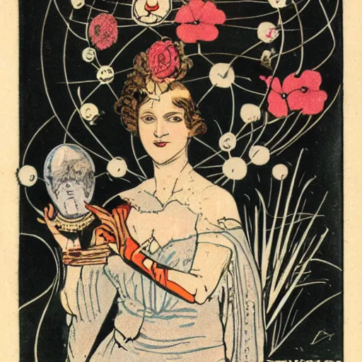 Image similar to a royal portrait of a cyborg woman. she holds a globe in one hand and flowers in the other. illustrated by burton rice. 1 9 1 2.