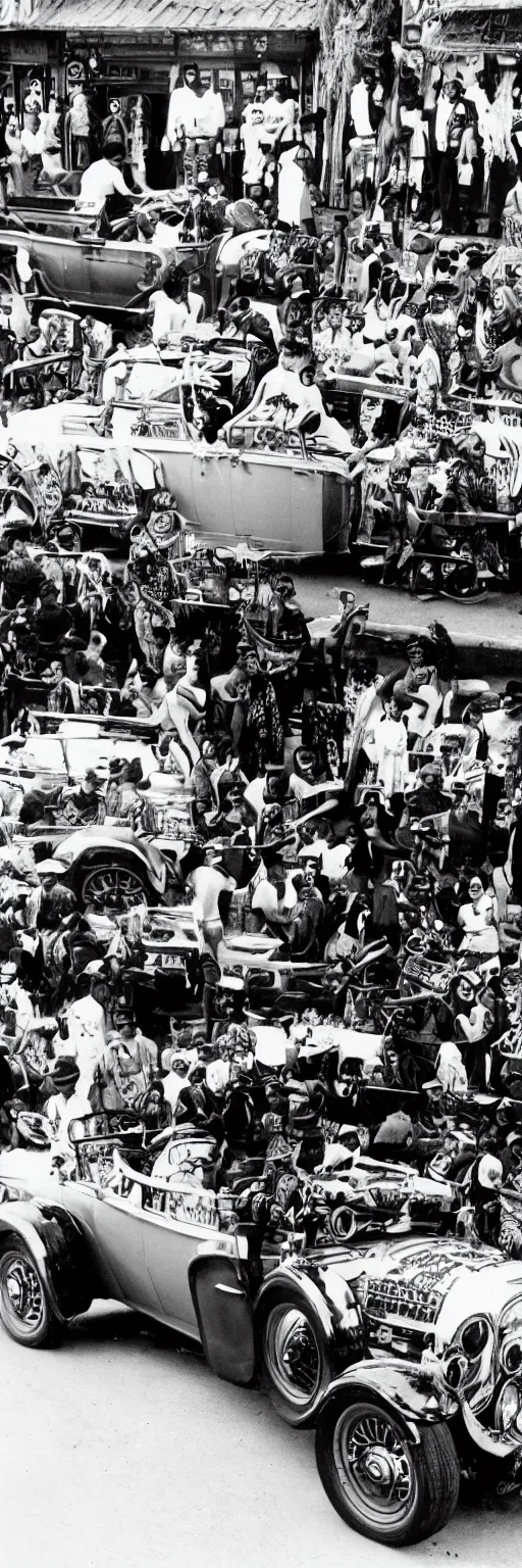 Prompt: wide angle panoramic photo of an indigenous cholo shaman dressed with a quetzalcoatl feathered serpent driving a convertible lowrider car in brooklyn in 1 9 2 0