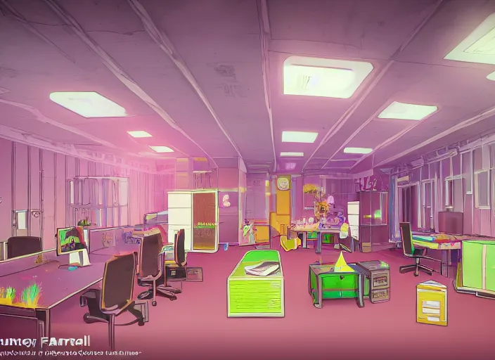 Image similar to steven universe inspired stanley parable office backrooms, creepy but colorful render, intricate detail, castle oblivion, normal workplace office, pastel 8 0 s, uhd